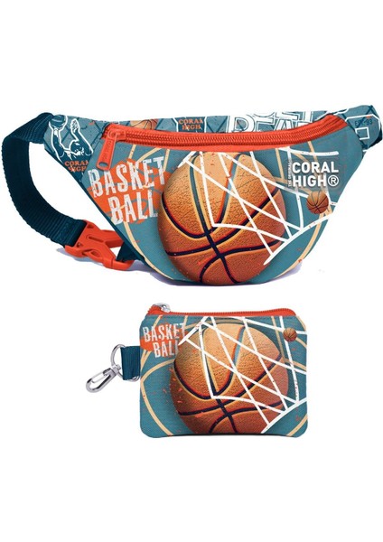 Erkek Çocuk Nefti Turuncu Basketbol Desenli Bel Çantası ve Bozuk Para Cüzdanı Set