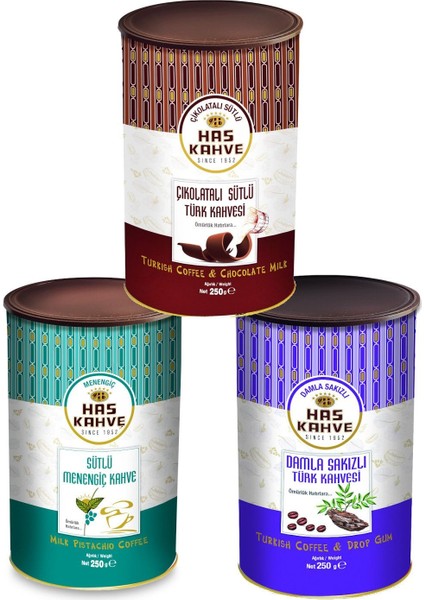 3'lü Teneke 3*250 gr (Çikolatalı-Damla Sakızlı-Menengiçli Türk Kahvesi)