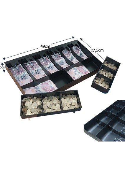 14 Gözlü Gizli Hazneli Full Rampalı 6 Banknot Kırılmaz Metal Para Çekmecesi Içi 49X27,5X5CM