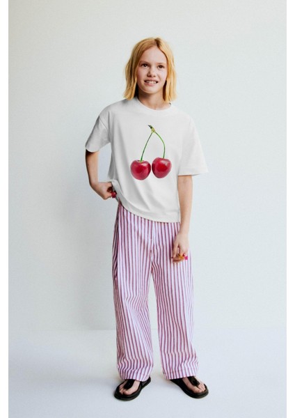 Cherry Kiraz Tasarım Baskılı Beyaz Çocuk T-Shirt