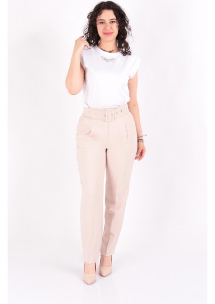24K-79700 Kadın Beli Kemerli Pileli Pantolon Ss