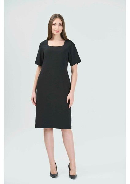 Tolga Saraçoğlu Kadın Yuvarlak Yaka Kısa Kol Şık Elbise BELB001 Siyah