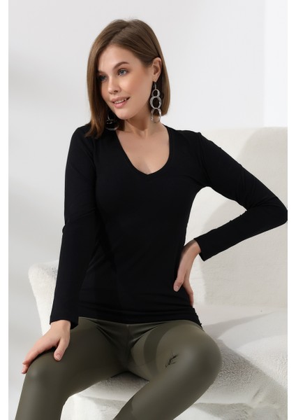 Uzun Kol V Yaka Penye Kompakt Body 19645 Siyah