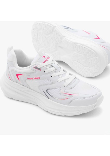 Unisex Beyaz Fuşya Nefes Alabilen Kumaş Faylon Taban Bağcıklı Spor Ayakkabı fırsatları
