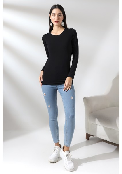 Uzun Kol Bisiklet Yaka Penye Kompakt Bady 19646 Siyah