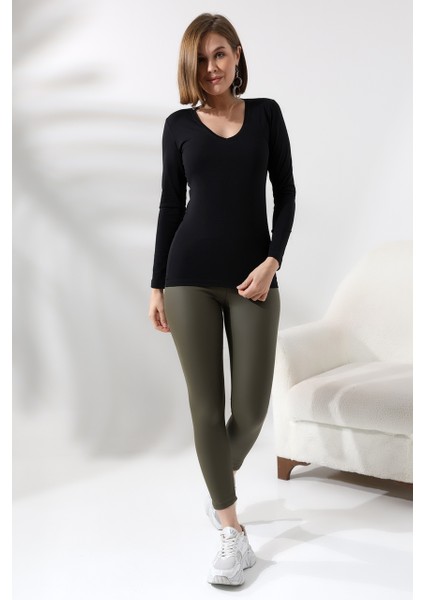 Uzun Kol V Yaka Penye Kompakt Body 19645 Siyah