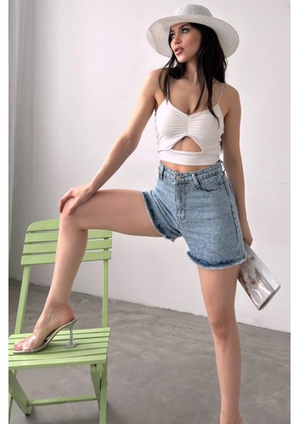 Paçası Püsküllü Desenli Denim Şort DFL4011
