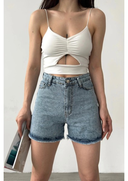 Paçası Püsküllü Desenli Denim Şort DFL4011