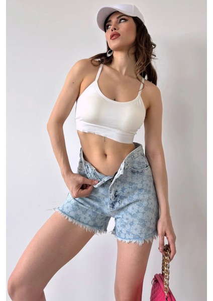 Paçası Püsküllü Desenli Denim Şort DFL4010