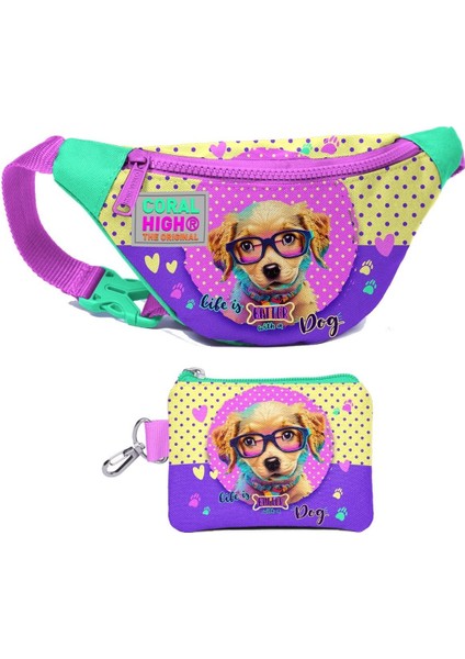 Kız Çocuk Sarı Pembe Sevimli Köpek Desenli Bel Çantası ve Bozuk Para Cüzdanı Set
