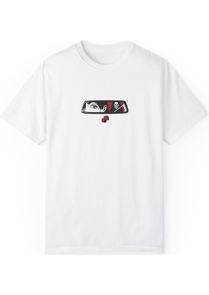 Unisex Azrail Dikiz Aynası Baskılı Beyaz Basic Tshirt