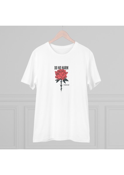 Unisex Do No Harm Rose Baskılı Beyaz Basic Tshirt