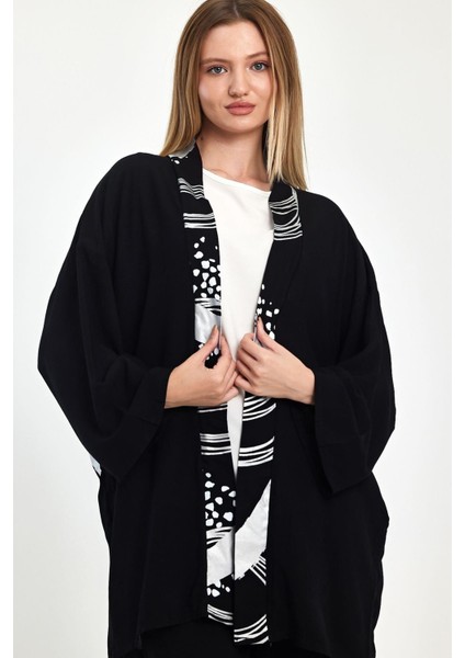 Kadın Siyah Beyaz Sırtı ve Pantolonu Desenli Tunik Bluz Pantolon Üçlü Takım