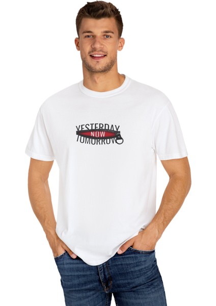 Unisex Dün Bugun Yarın Baskılı Beyaz Basic Tshirt