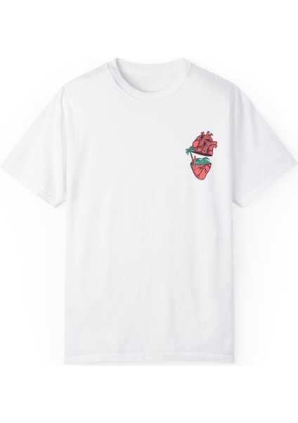 Unisex Cep Boy Yaz Kalbi Baskılı Beyaz Basic Tshirt