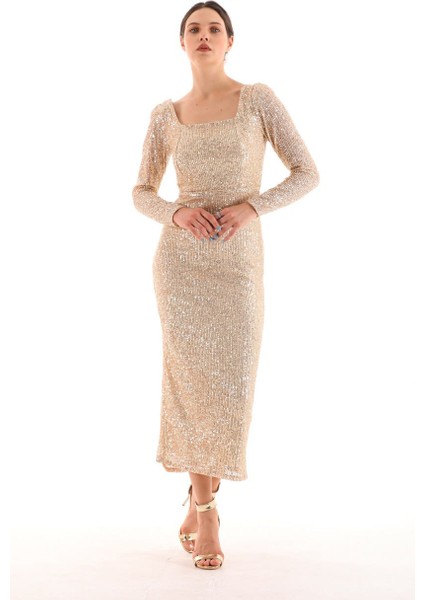 Payet Kumaş Kare Yaka Kalem Elbise - Gold
