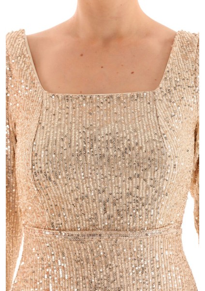 Payet Kumaş Kare Yaka Kalem Elbise - Gold fırsatları