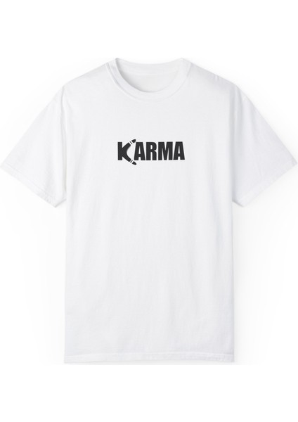 Unisex Karma Yazı Baskılı Beyaz Basic Tshirt