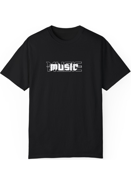 Unisex Music Yazı Baskılı Siyah Basic Tshirt