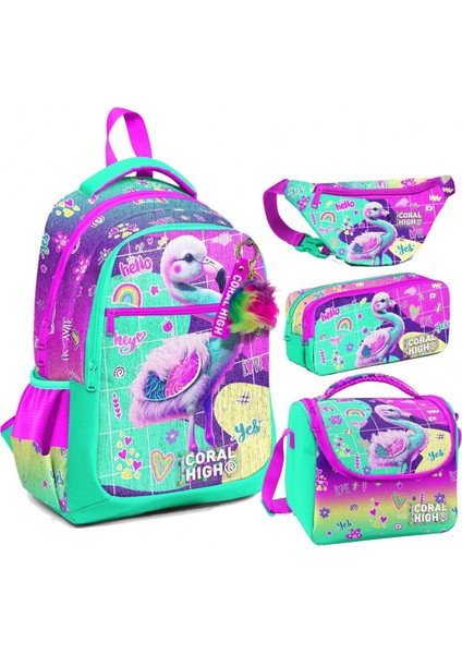 Pembe Su Yeşili Flamingo Desenli Kız Çocuk Okul Beslenme Kalemlik ve Bel Çantası Seti - Ilkokul Için Uygun