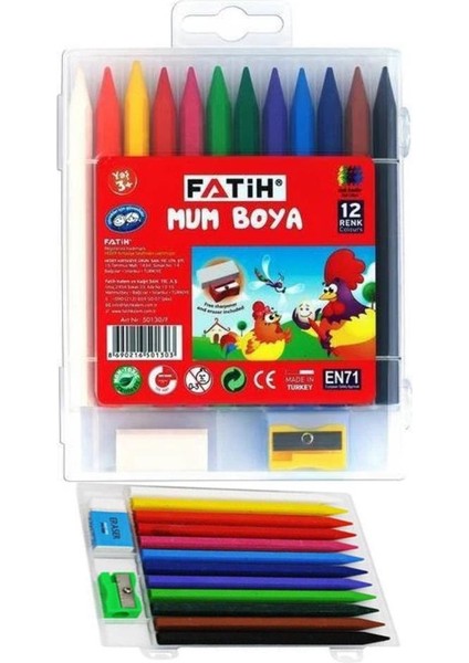 Mum Boya 12 Renk Uzun Üçgen Tutuş 1 Paket Plastik Kutulu Silinebilir Fatih Mumu Boya Silgi Kalemtraş