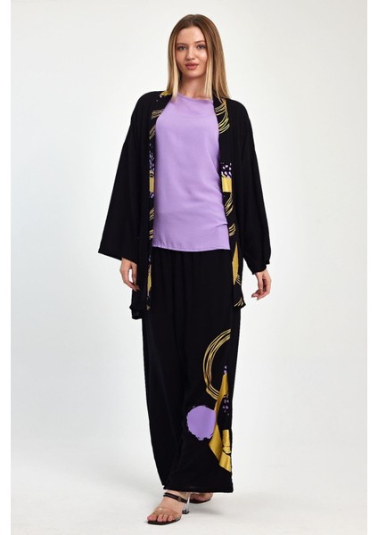 Kadın Gold Siyah Sırtı ve Pantolonu Desenli Tunik Bluz Pantolon Üçlü Takım
