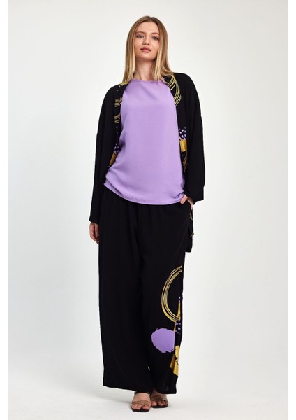 Kadın Gold Siyah Sırtı ve Pantolonu Desenli Tunik Bluz Pantolon Üçlü Takım