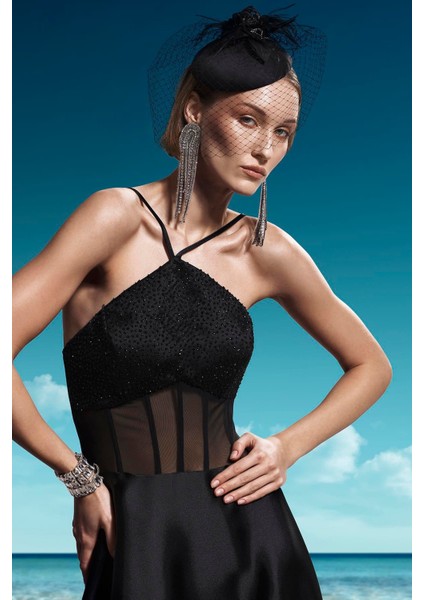 Kadın Üçgen Asimetrik Yakalı Transparan Korsajlı Şık Maxi Abiye Elbise 57659 Siyah fiyatları