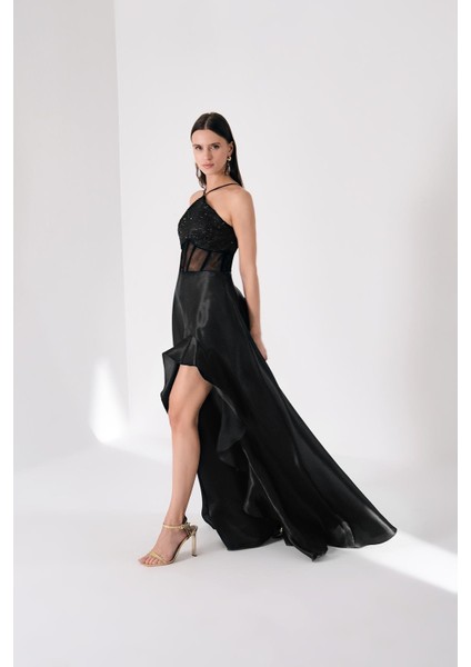 Kadın Üçgen Asimetrik Yakalı Transparan Korsajlı Şık Maxi Abiye Elbise 57659 Siyah modelleri