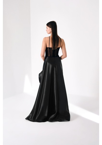 Kadın Üçgen Asimetrik Yakalı Transparan Korsajlı Şık Maxi Abiye Elbise 57659 Siyah indirimleri