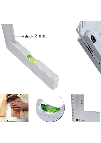 Alüminyum L Gönye Su Terazili Cetvel Kaynak Kaynakçı Marangoz Gönyesi 300 mm
