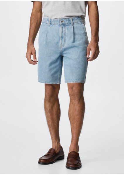 Mango Man Pileli Denim Bermuda Şort