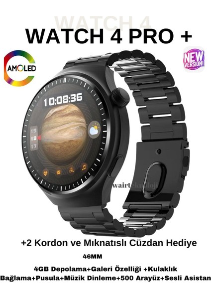 Watch 4 Pro Plus Yeni Model Akıllı Saat Cüzdan ve 2 Kordon Hediyeli Tüm Telefonlara Uyumlu Amoled