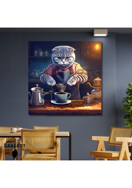 Kare Kanvas Kahve Köşesi Cafe Tablosu Barista Scottish Fold