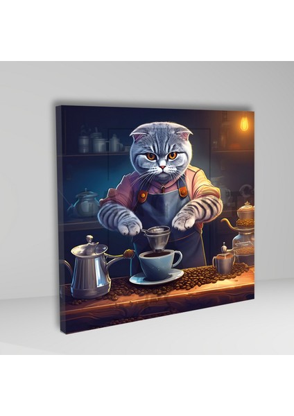 Kare Kanvas Kahve Köşesi Cafe Tablosu Barista Scottish Fold
