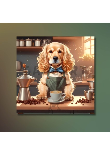 Kare Kanvas Kahve Köşesi Cafe Tablosu Barista Cocker Köpek modelleri