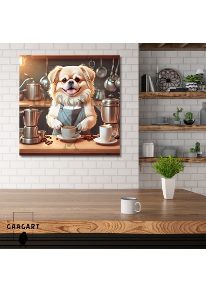 Kare Kanvas Kahve Köşesi Cafe Tablosu Barista Pekinez Köpek