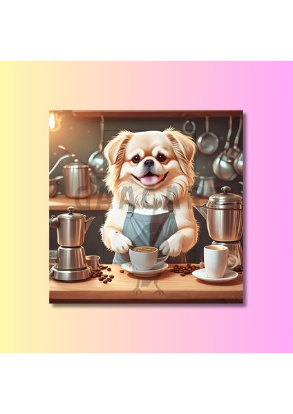 Kare Kanvas Kahve Köşesi Cafe Tablosu Barista Pekinez Köpek modelleri
