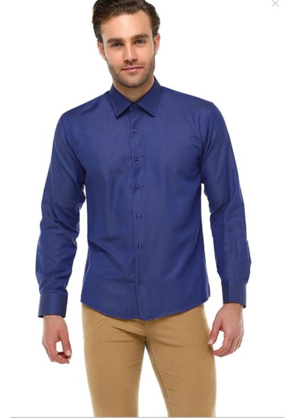 Erkek Kot Mavi Düz Cepsiz Geniş Kesim Uzun Kollu Gömlek