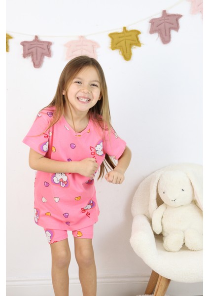 Harika Kids Kız Çocuk Pamuklu Penye Kumaş Baskılı Şortlu Pijama Takımı