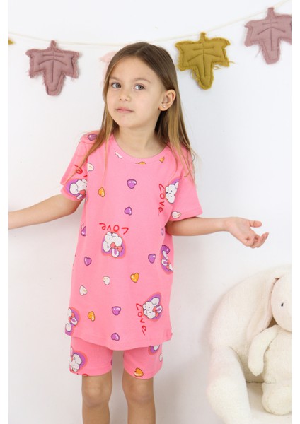 Harika Kids Kız Çocuk Pamuklu Penye Kumaş Baskılı Şortlu Pijama Takımı