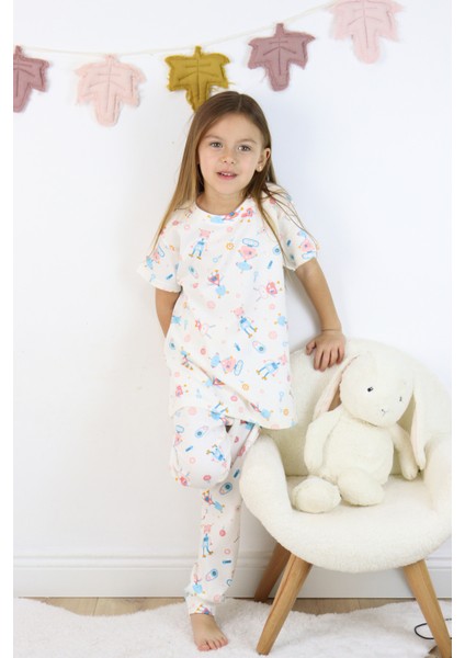 Harika Kids Kız Çocuk Pamuklu Penye Kumaş Baskılı Pijama Takımı