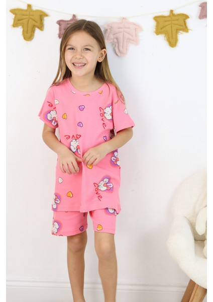 Kız Çocuk Pamuklu Penye Kumaş Baskılı Şortlu Pijama Takımı