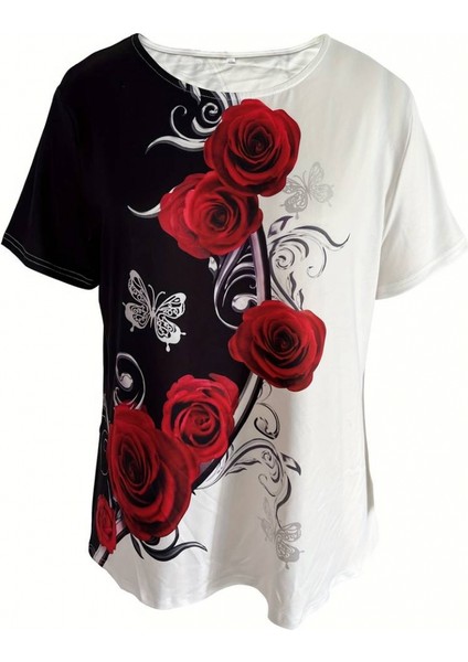 Kadın Kısa Kollu Gül Baskı Süprem T-Shirt fiyatları