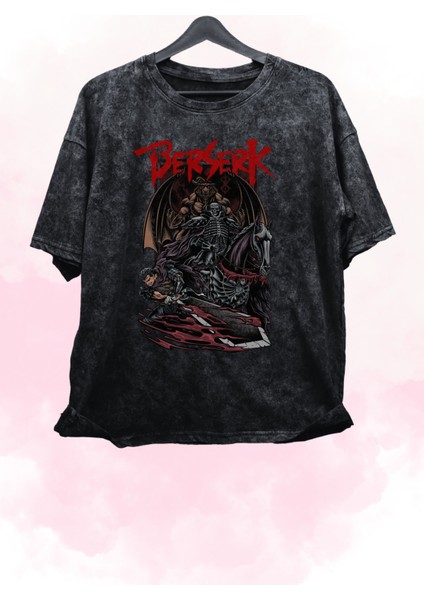 Unisex Özel Tasarım Guts Berserk Retro Tişört, Oversize Anime Baskılı Yıkamalı T-Shirt