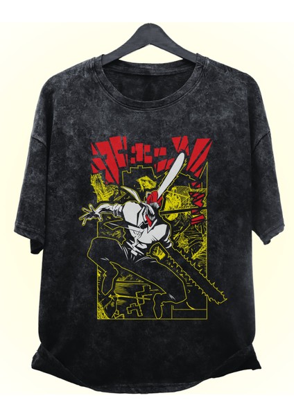 Unisex Chainsawman Denji Yıkamalı Tişört, Oversize Anime Baskılı Vintage T-Shirt