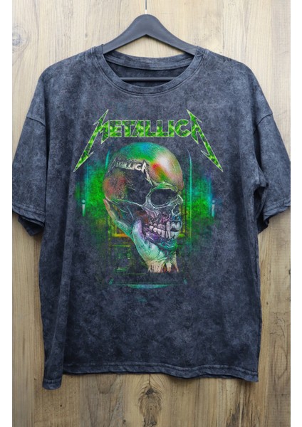 Unisex Yeşil Kuru Kafa Metallica Baskılı Vintage Tişört, Oversize Rock Baskılı Yıkamalı T-Shirt