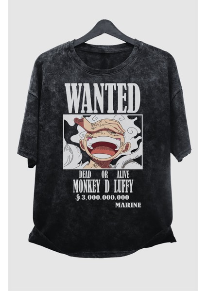 Unisex One Piece Monkey D. Luffy Eskitme Tişört, Oversize Anime Baskılı Yıkamalı T-Shirt