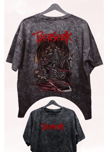 Unisex Sırt Baskılı Berserk Vintage Tişört, Oversize Anime Baskılı Yıkamalı T-Shirt