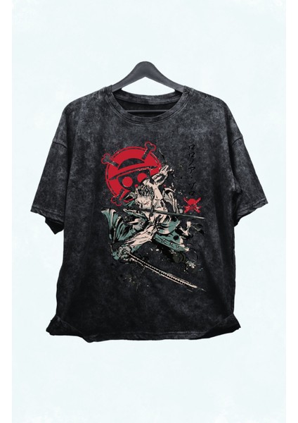 Unisex One Piece Roronoa Zoro 2 Yıkamalı Tişört, Oversize Anime Baskılı Yıkamalı T-Shirt